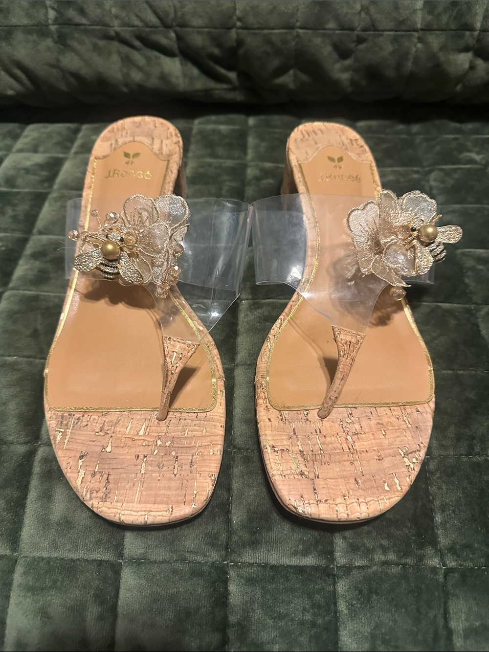 J.Renee Gold Floral Clear-Strap Cork-Effect Thong Sandals